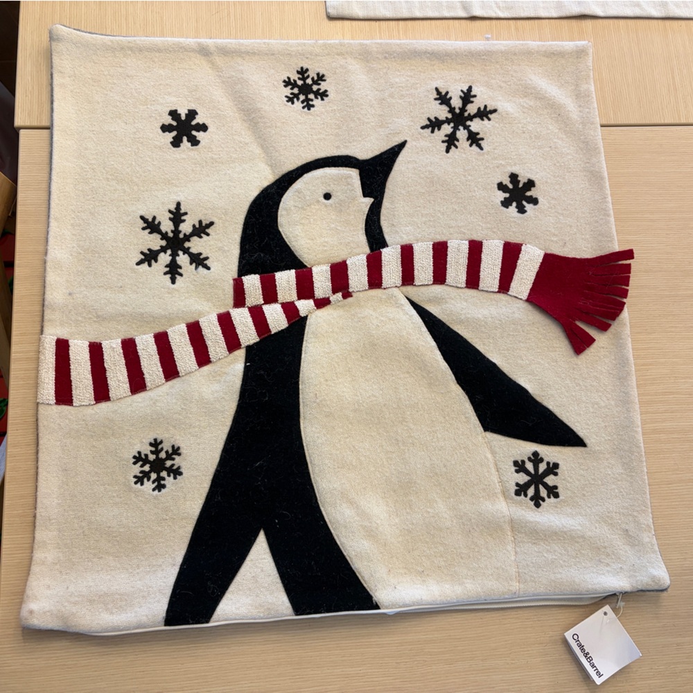NWT! Crate&Barrel Festive Penguin Pillow Cover - Black, White, and Red